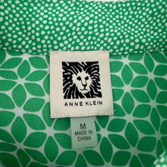 Anne Klein Blouse Green Size M Mixed Geometric Print Mandarin Collar - Picture 3 of 6
